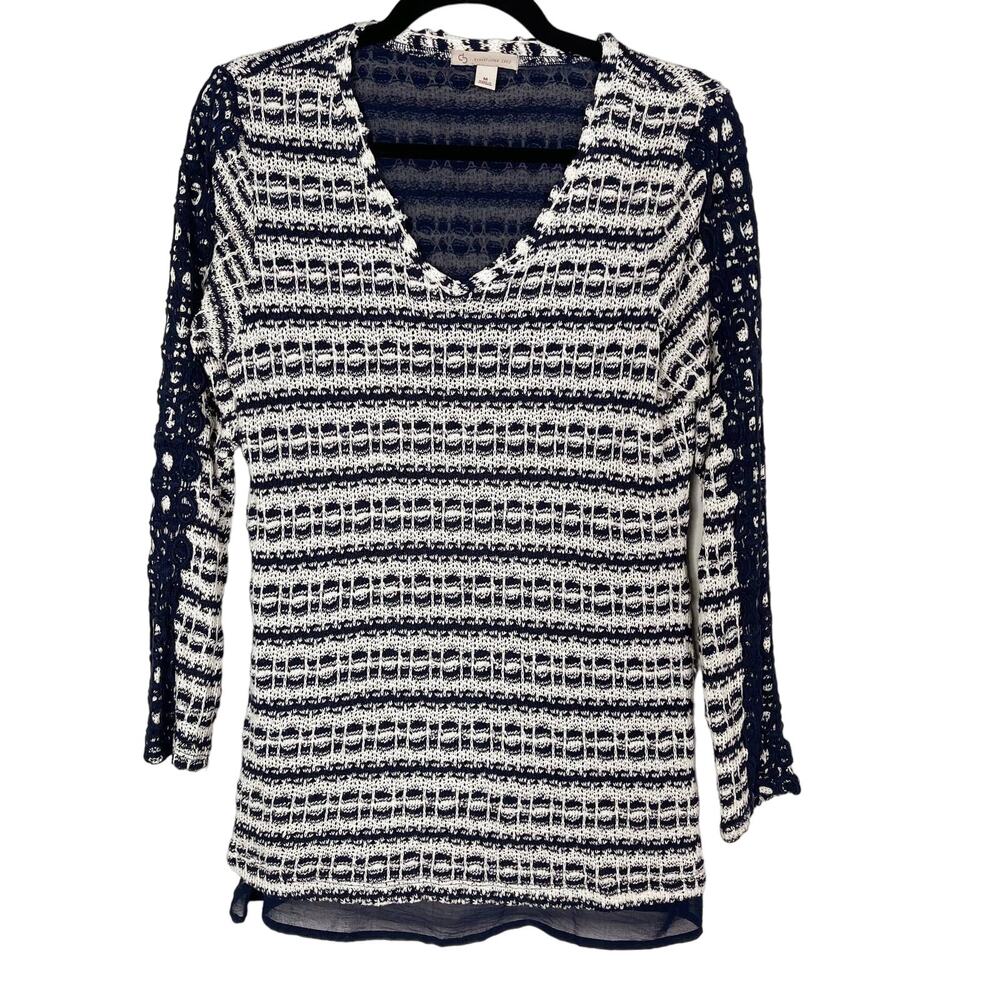 Dressbarn M Navy Blue White Textured Stripe V Neck Top Sheer Layer 3/4 Sleeve